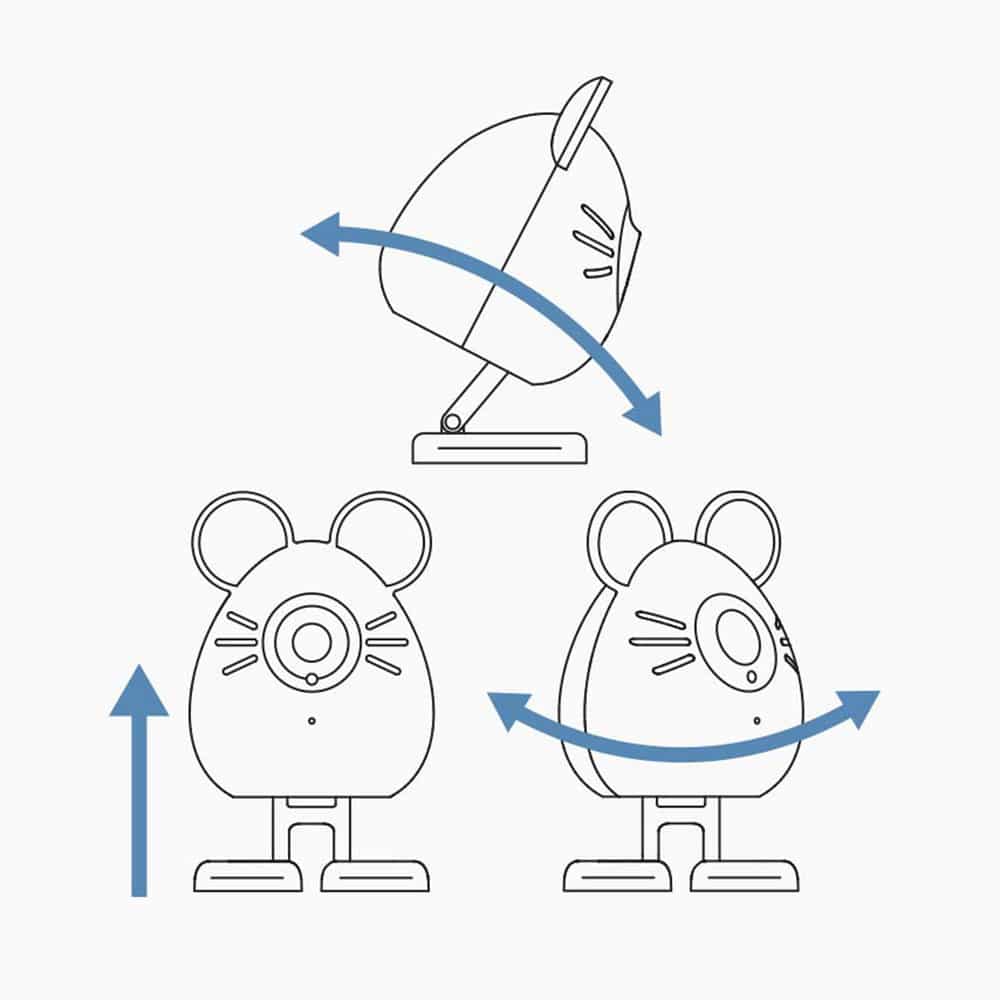 Line drawing showing the tilt, pan, and vertical adjustment range of a mouse-shaped pet camera