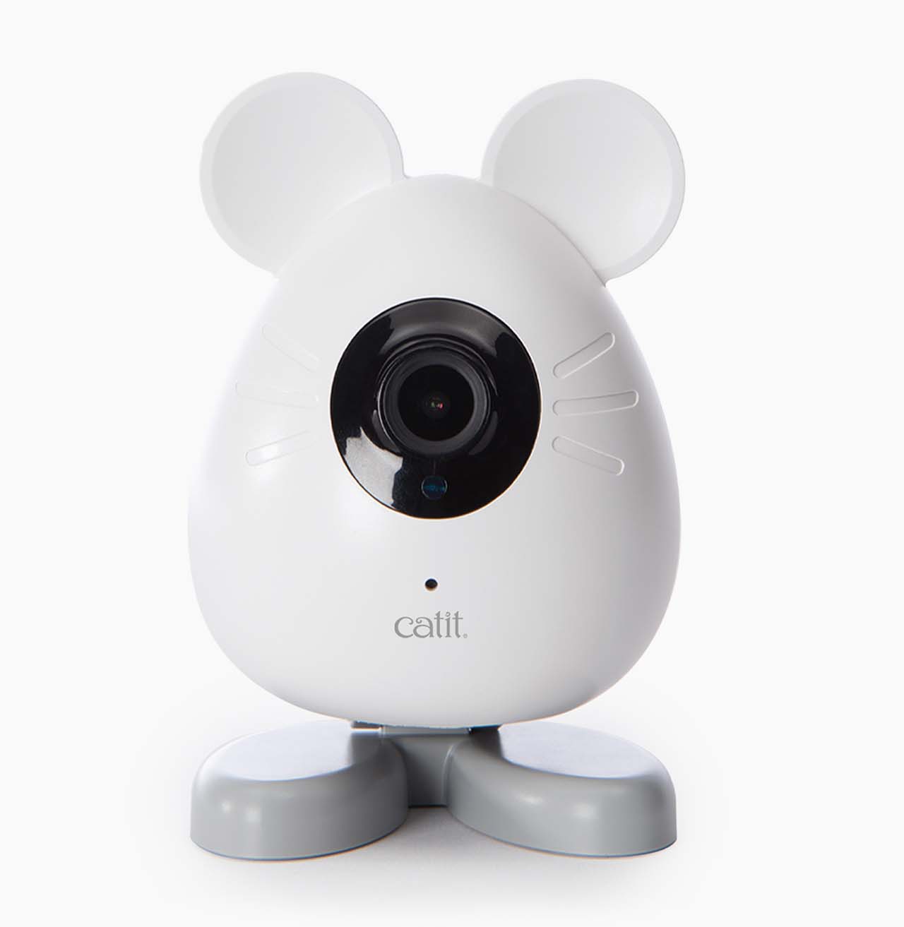 Catit PIXI Smart Mouse camera for monitoring cats, featuring a white mouse-shaped design with a black lens on a gray base