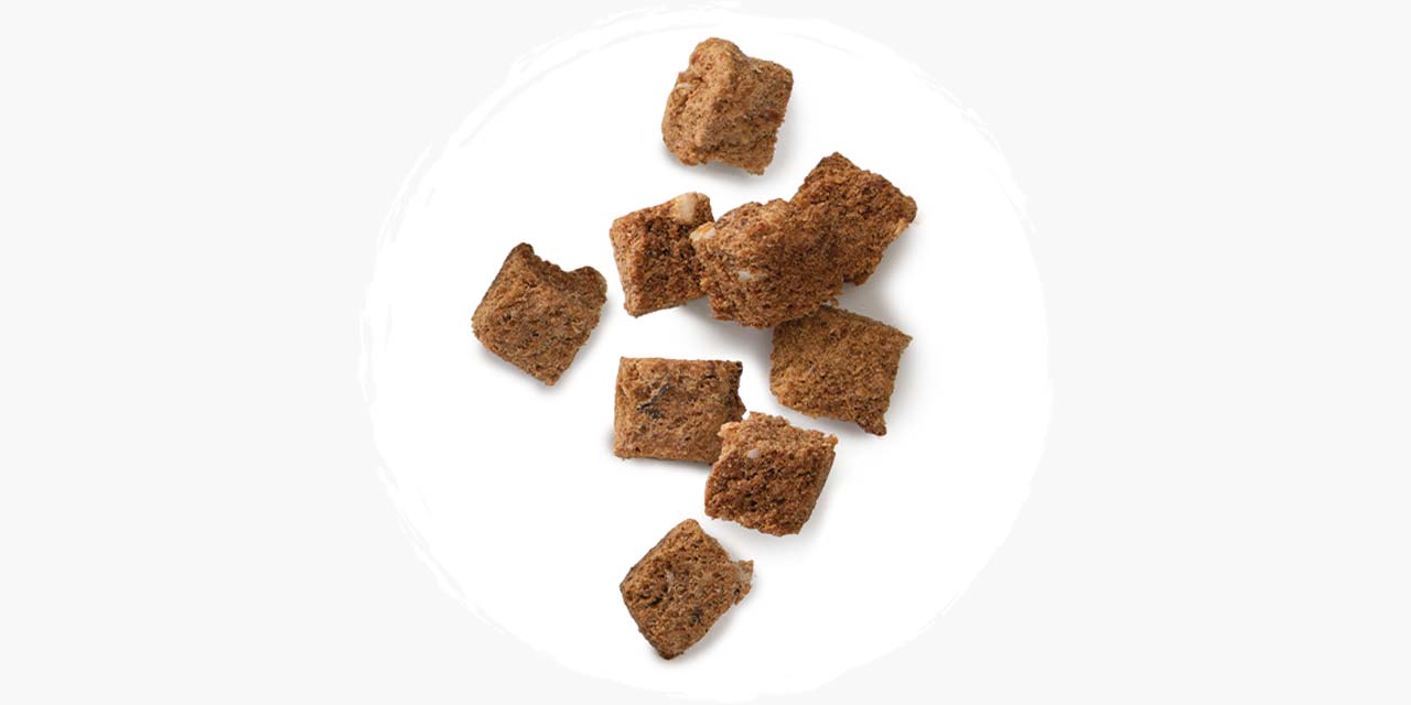 Several freeze-dried tuna cubes for cats arranged on a white background