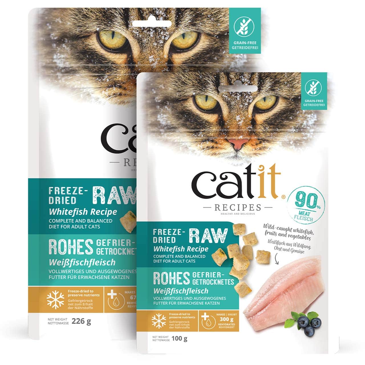 Two packages of Catit freeze-dried raw whitefish recipe cat food, featuring a cat's face and product details.
