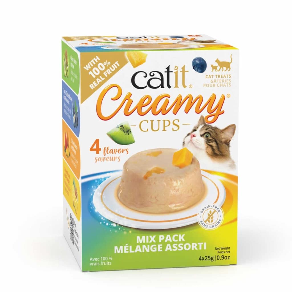 Catit Creamy Cups cat treat variety pack packaging featuring 4 flavors with real fruit and grain-free ingredients