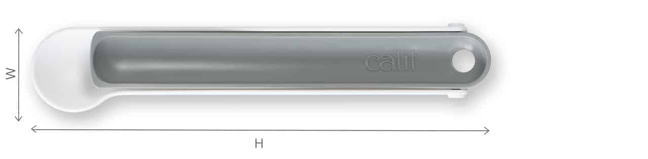 Catit creamy treat spoon with dimension arrows labeled W and H