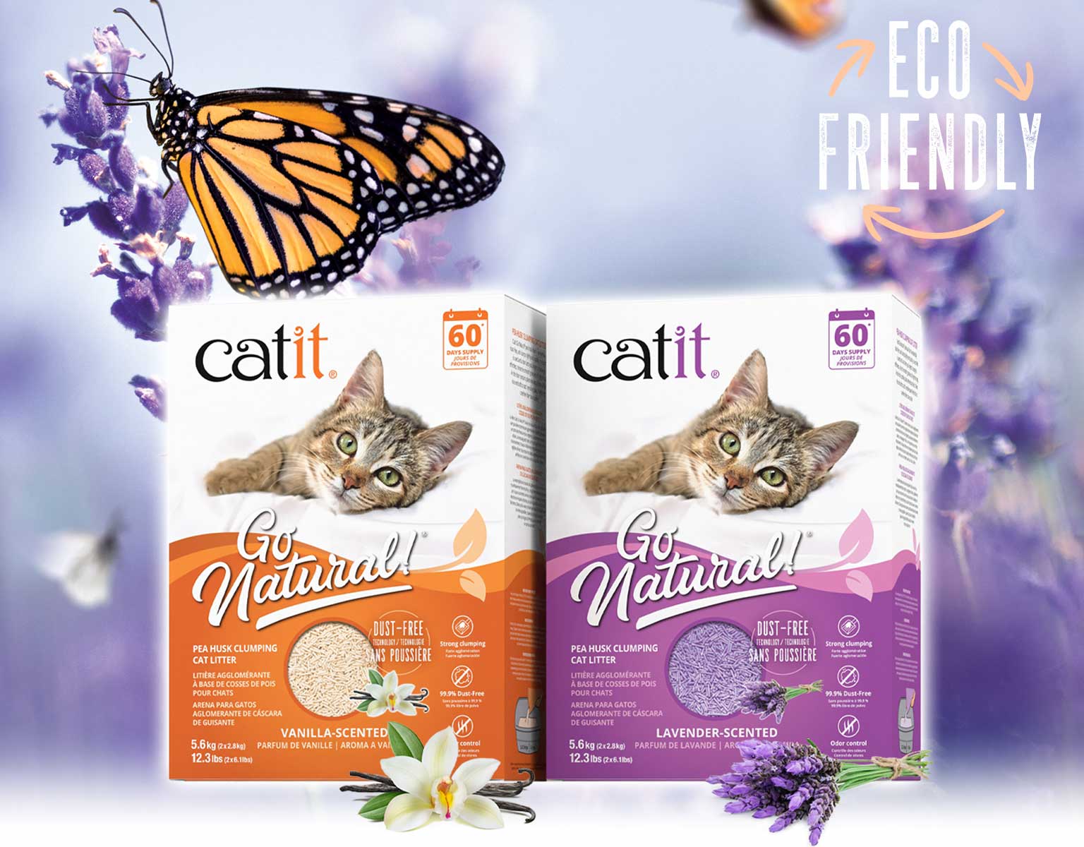 Catit Go Natural pea husk clumping cat litter in vanilla and lavender scents, featuring 60-day supply packaging