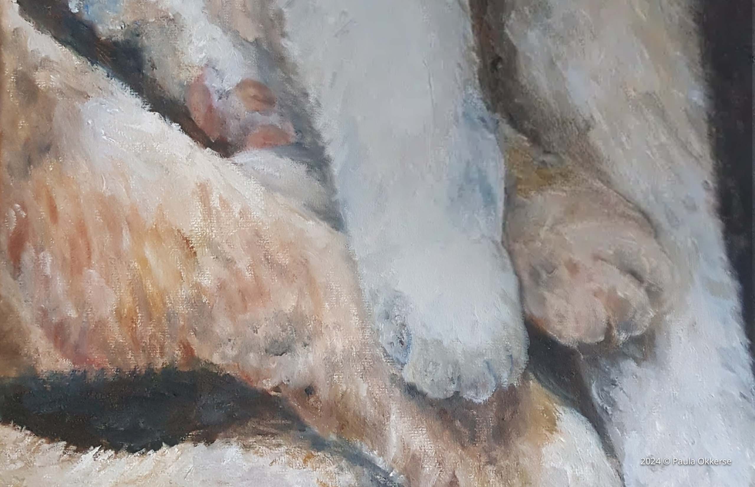 Close-up oil painting of a cat's paws resting together