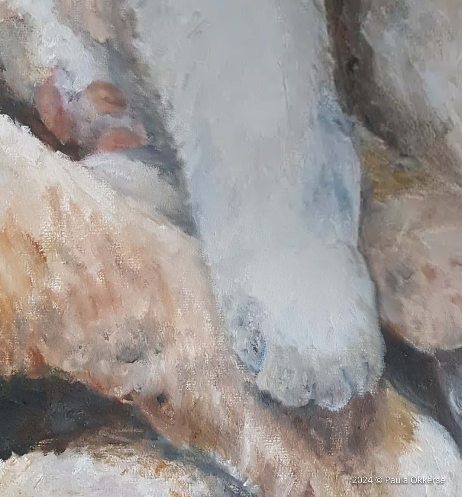 Close-up oil painting of a cat's paw resting on a textured surface