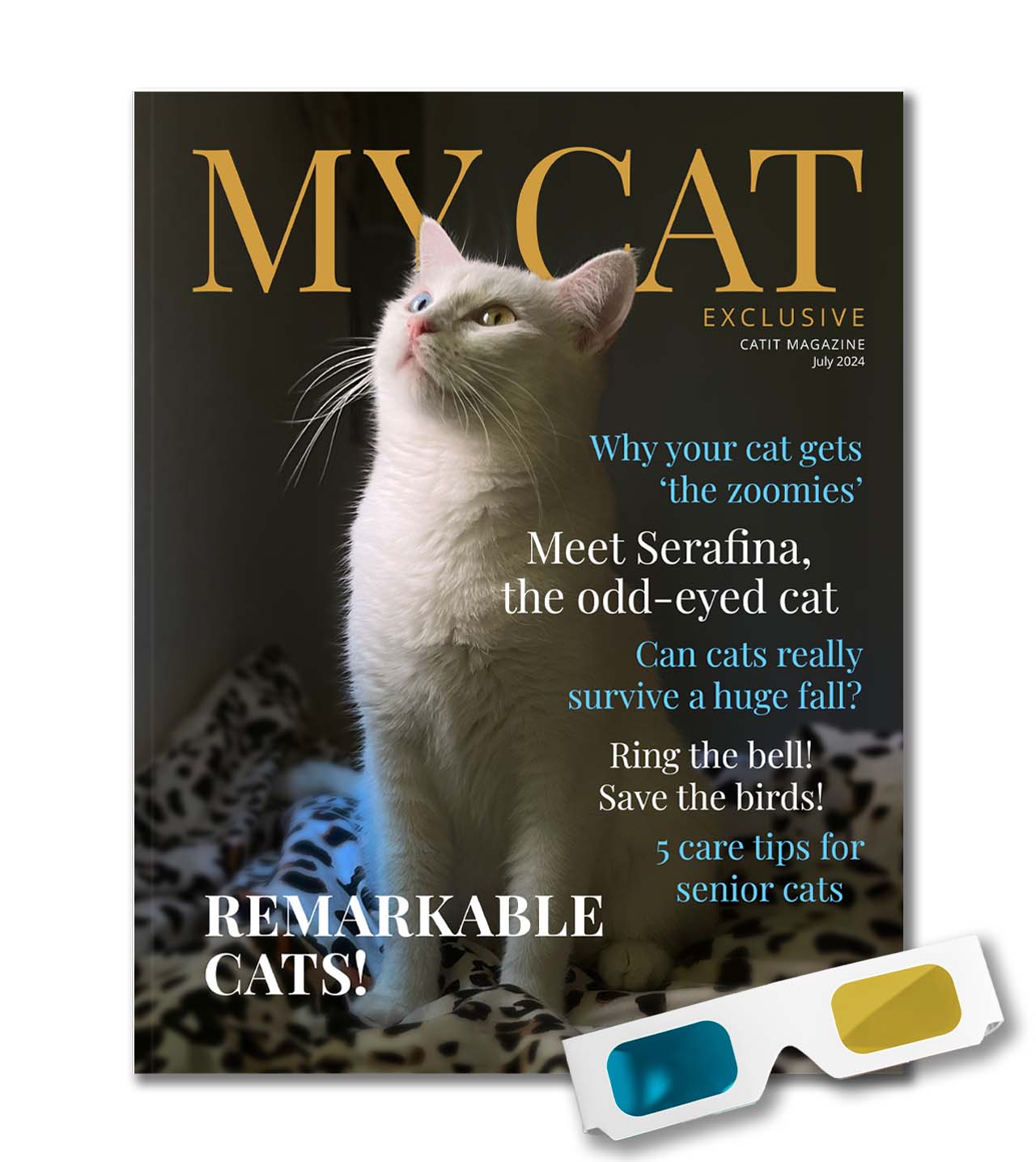 July 2024 issue of My Cat magazine featuring an odd-eyed white cat and articles on cat care and behavior