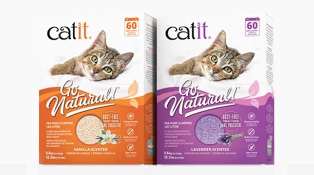Two packages of Catit Go Natural pea husk clumping cat litter in vanilla and lavender scents