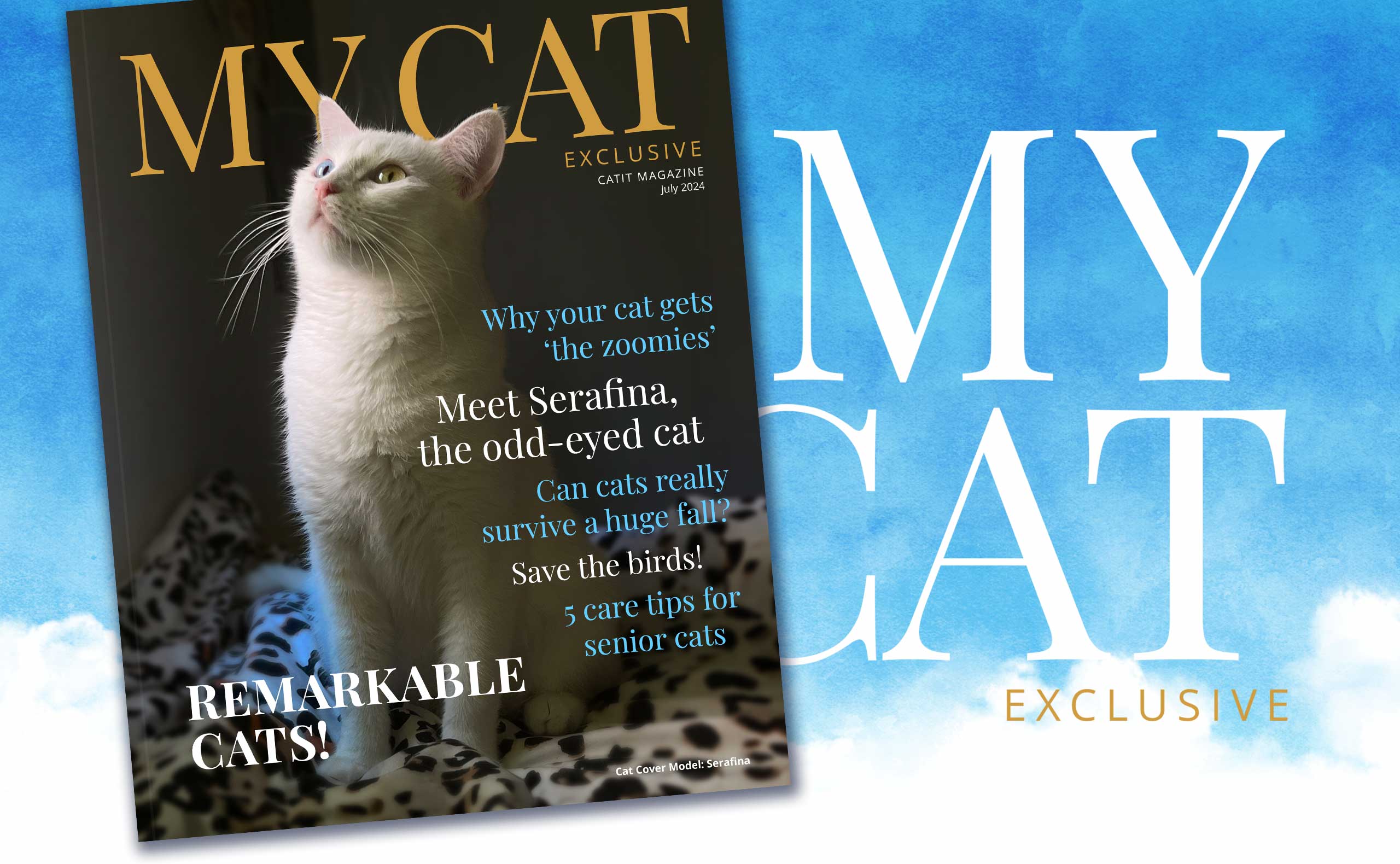 Catit Magazine July 2024 issue featuring an odd-eyed white cat named Serafina on the cover
