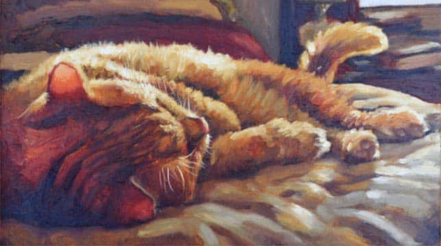 An oil painting of an orange tabby cat sleeping peacefully on a textured surface