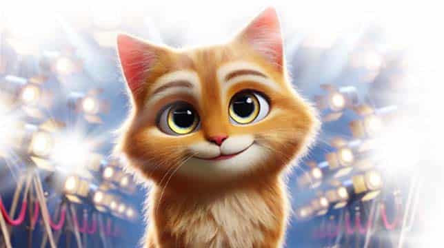 A close-up, stylized illustration of a cute ginger cat with large, expressive eyes, centered against a bright, blurred background of stage lights