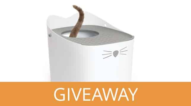 Catit litter box giveaway featuring a cat tail emerging from the top opening