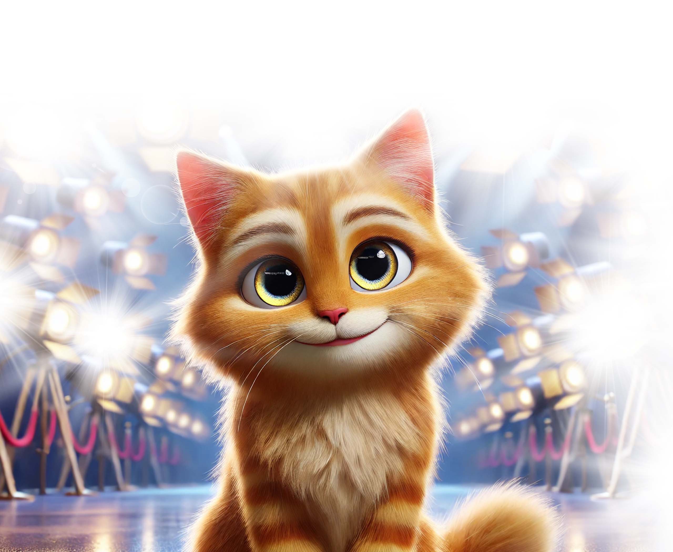 A cute ginger cat with large, expressive eyes sitting on a stage in front of bright spotlights
