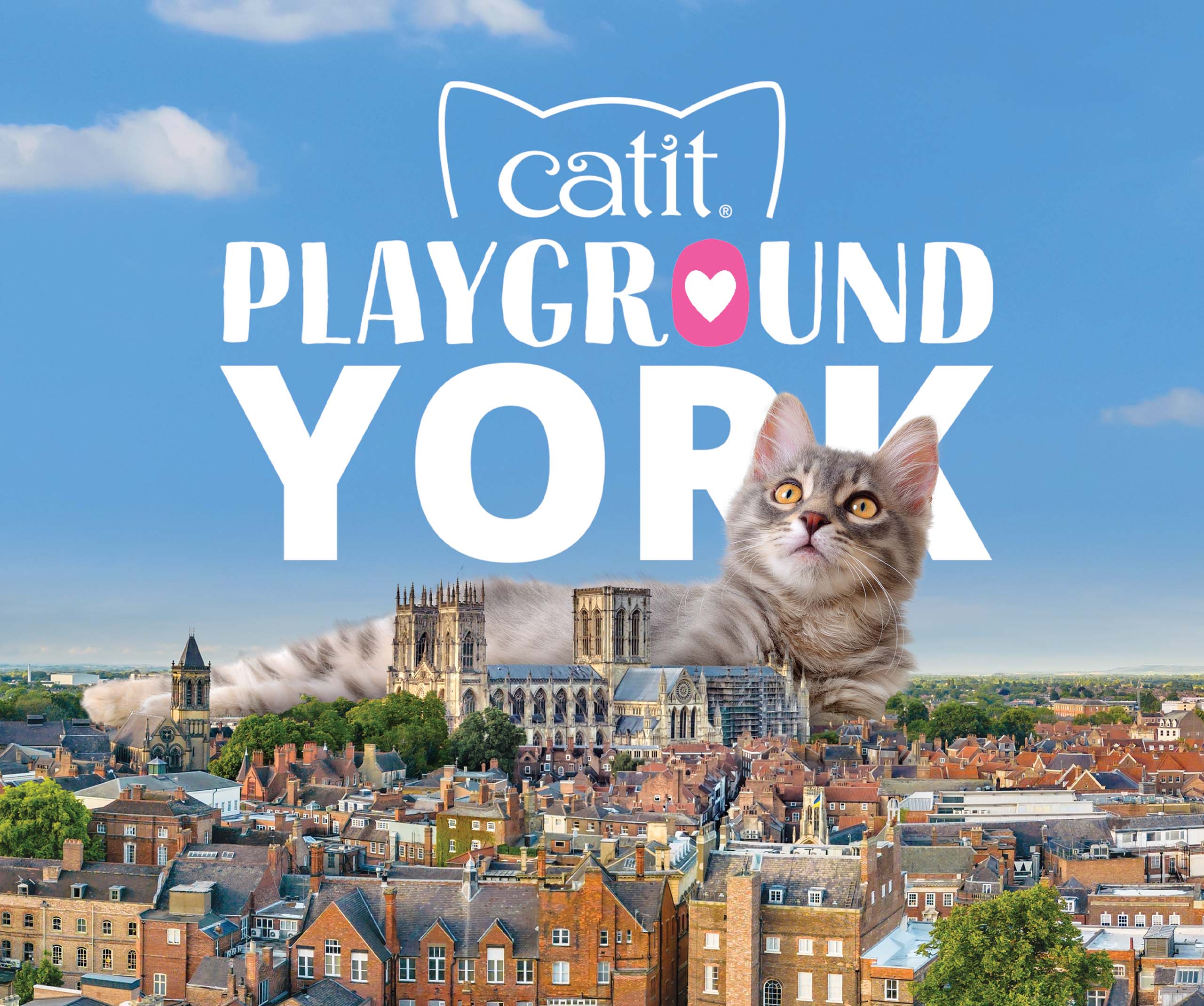 Catit Playground York promotional banner featuring a giant cat resting over the York Minster cityscape