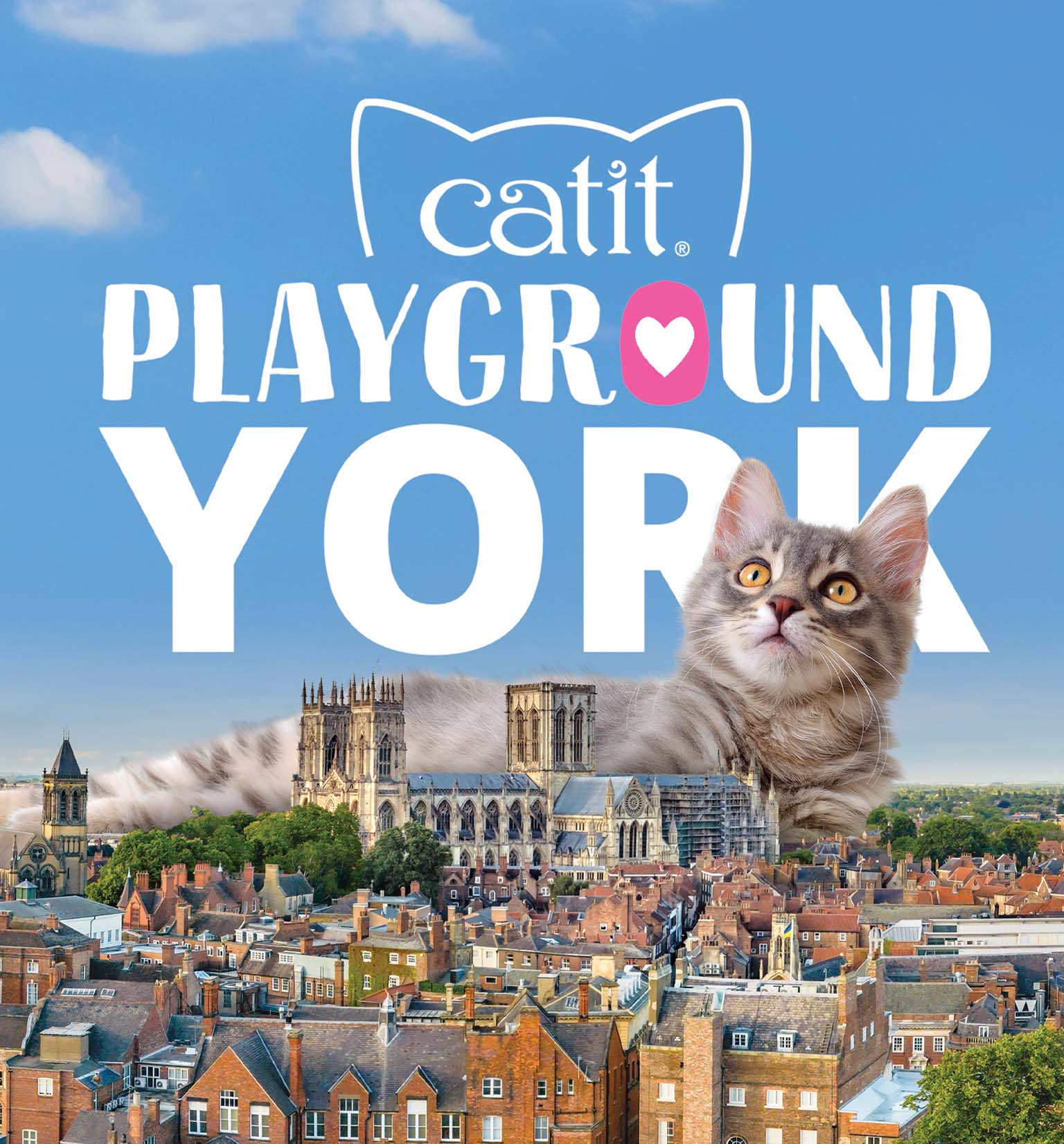 Catit Playground York promotional banner featuring a giant cat resting over the York Minster cityscape