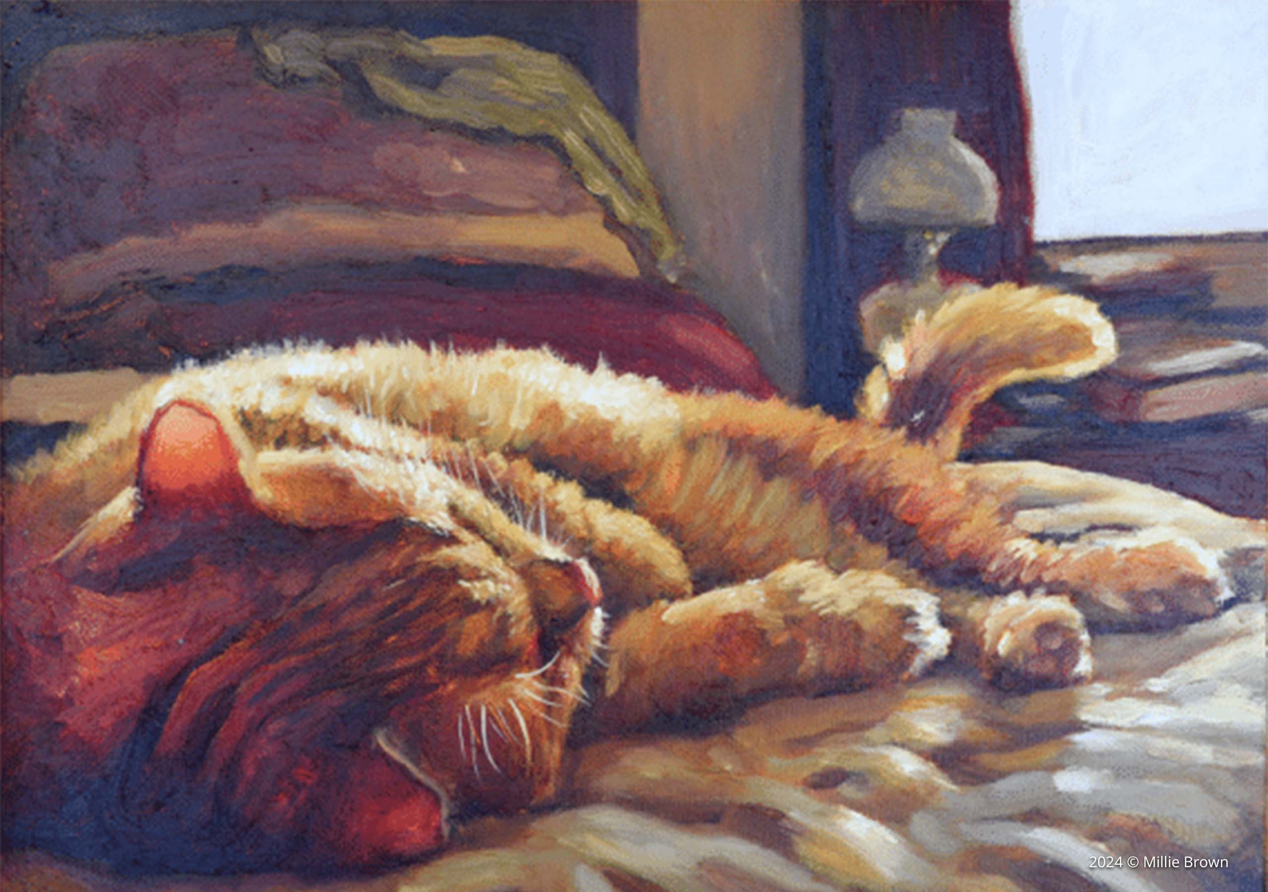 An oil painting of an orange tabby cat sleeping peacefully on a bed in a sunlit room