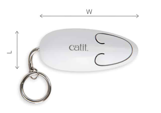 White Catit laser toy keychain with dimension markers W and L