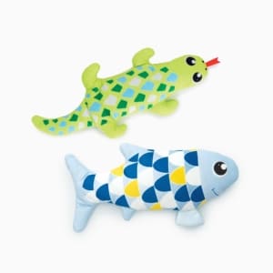 Two plush cat toys, a green gecko with a red tongue and a blue fish with patterned scales, on a white background