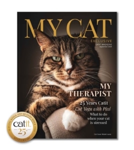 Catit magazine cover for September 2024 featuring a cat named Luna and articles on PIXI yoga and cat stress relief