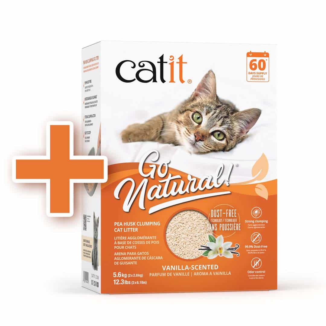 Catit Go Natural pea husk clumping cat litter packaging with vanilla scent