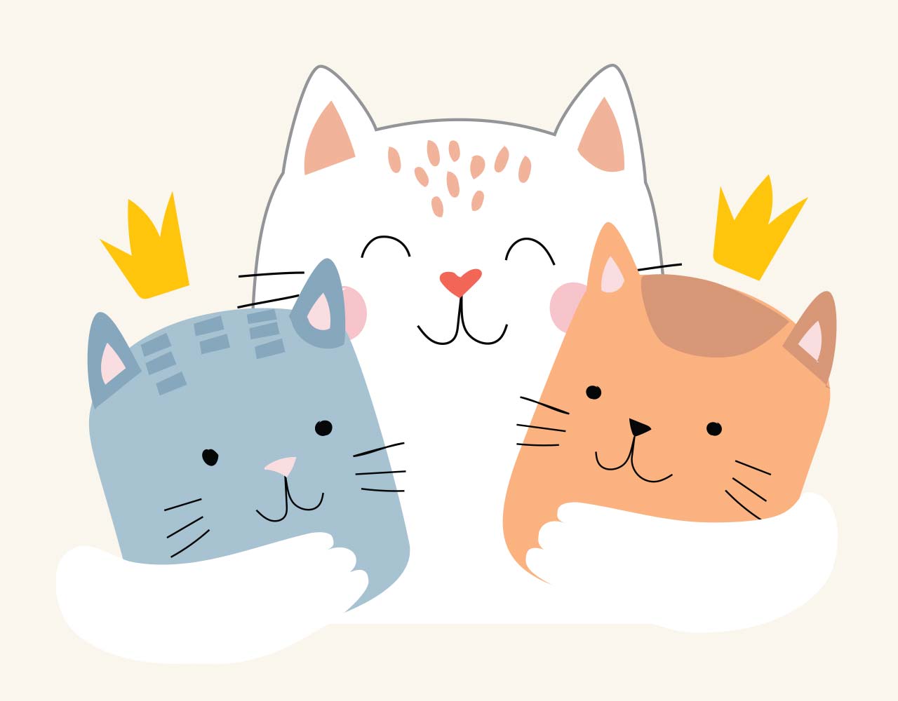 A white cat hugging a blue kitten and an orange kitten, each wearing a small yellow crown
