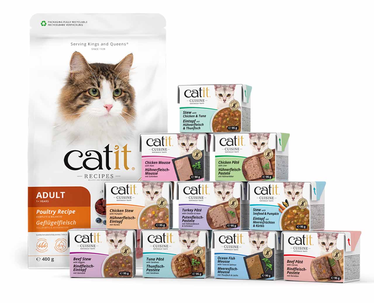 Catit cat food products, including a large bag of dry food and various individual containers of wet food recipes