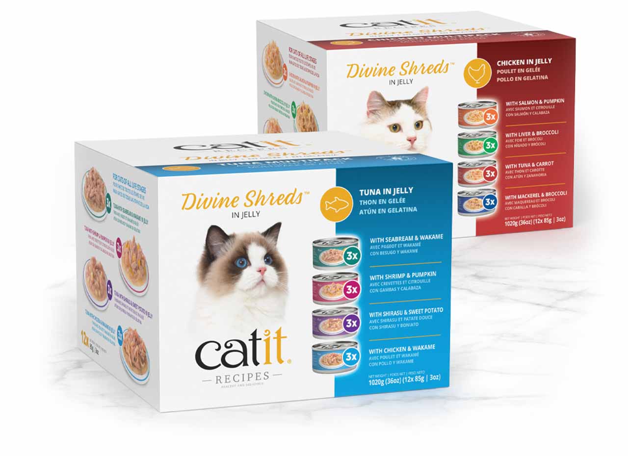 Two Catit Divine Shreds multipack cat food boxes featuring tuna and chicken varieties with various ingredient combinations