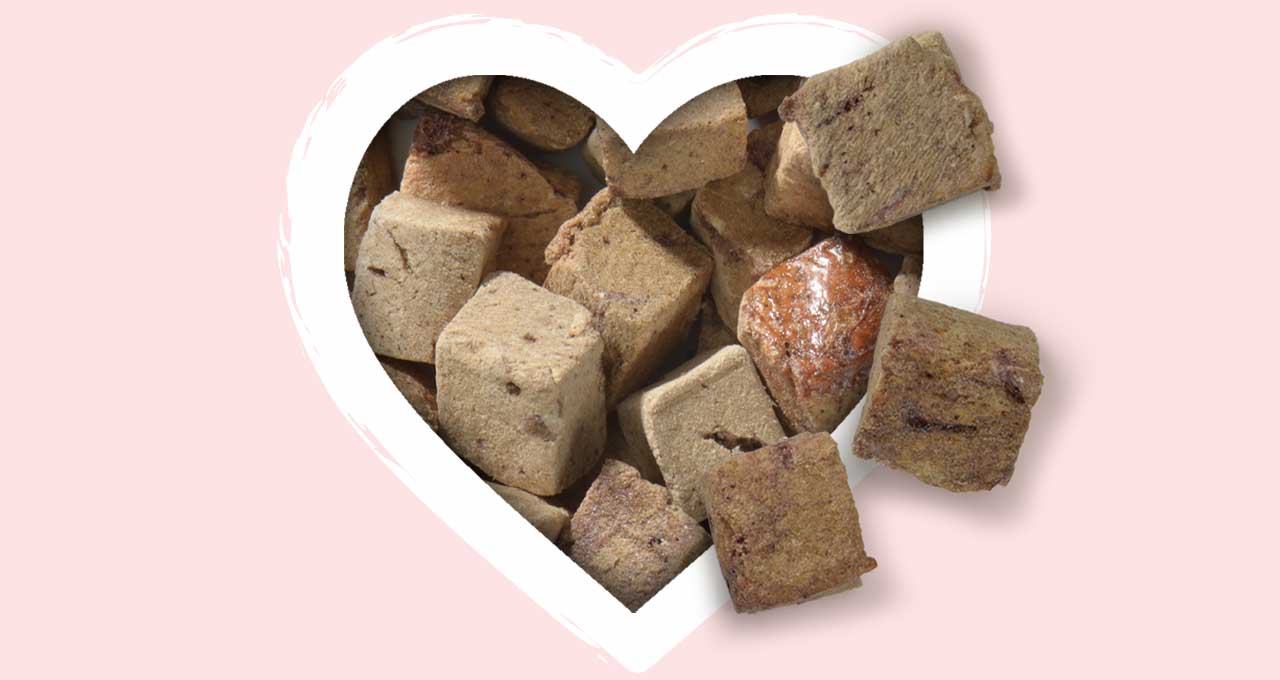 A pile of freeze-dried beef, pork, and lamb cat treat cubes arranged inside a white heart-shaped frame