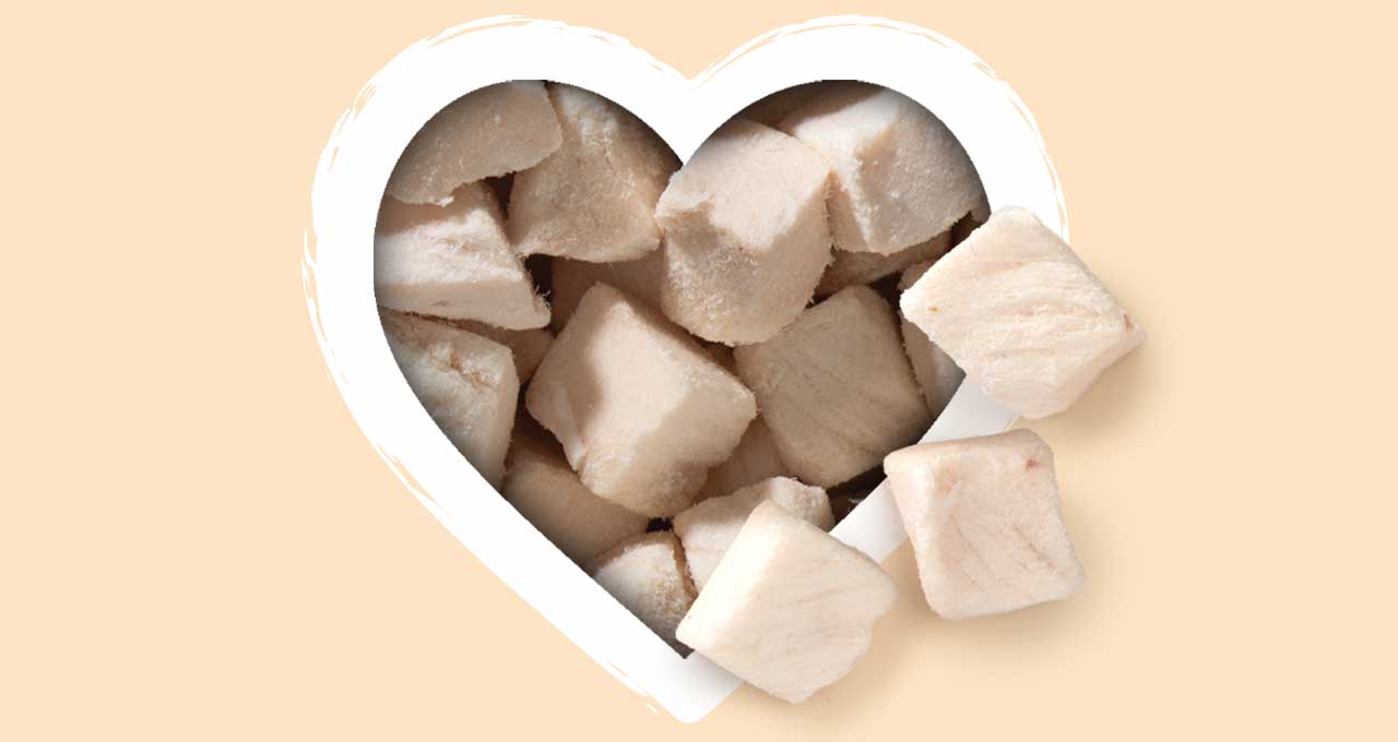 Freeze-dried chicken cube cat treats inside a heart-shaped frame