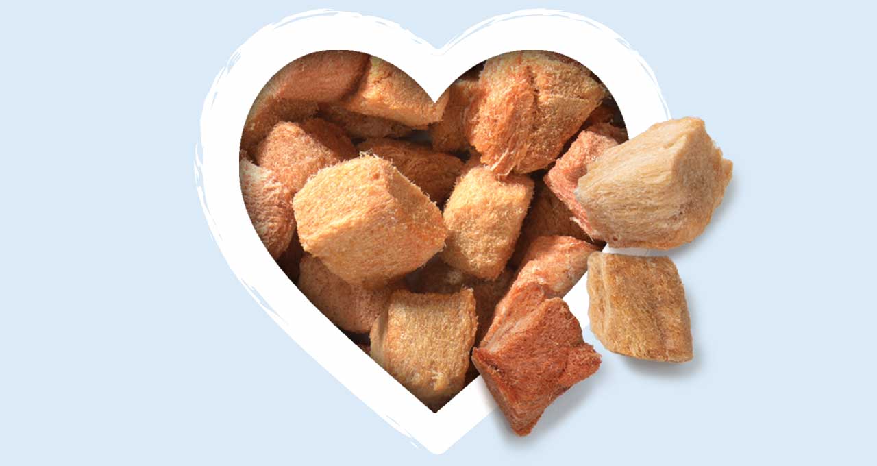 Freeze-dried tuna cube cat treats inside a heart-shaped frame