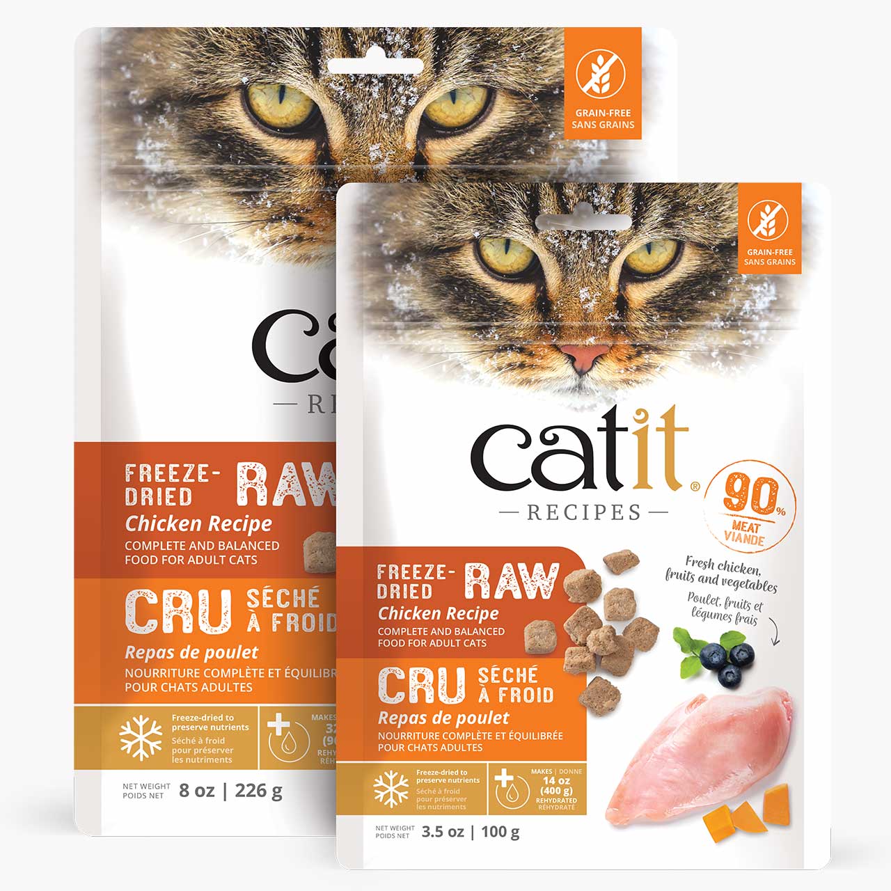 Two bags of Catit Recipes freeze-dried raw chicken cat food in 8 oz and 3.5 oz sizes