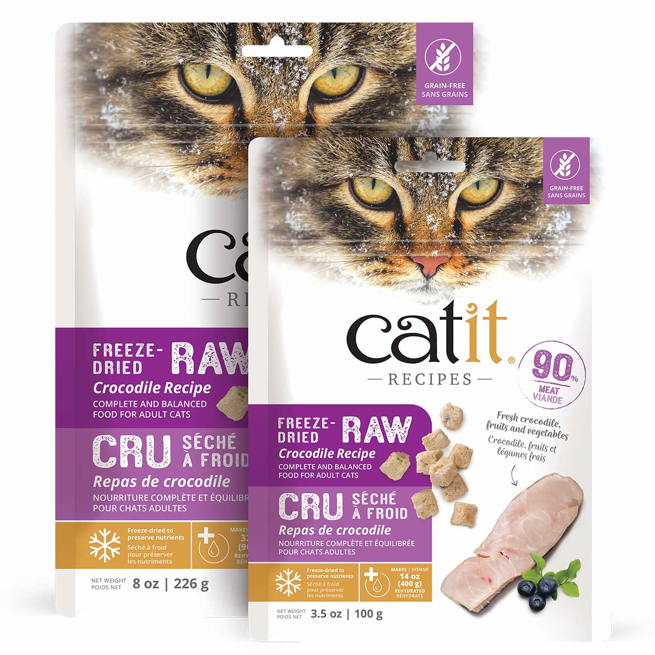 Two packages of Catit freeze-dried raw crocodile recipe cat food in 8 oz and 3.5 oz sizes