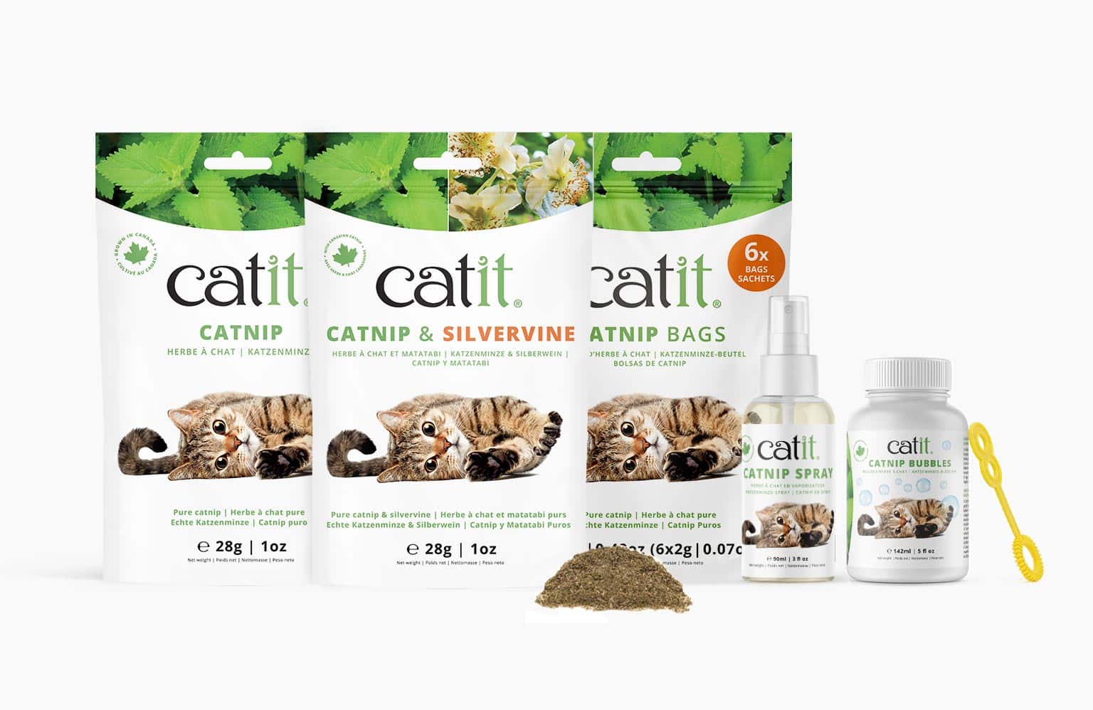 Catit catnip products including pouches of loose catnip, catnip and silvervine, catnip bags, spray, and bubbles