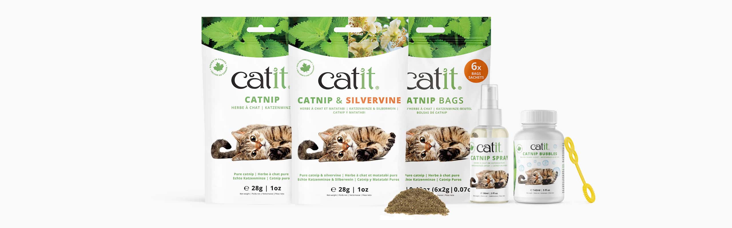 Catit catnip products including pouches, spray, and bubbles arranged on a white background