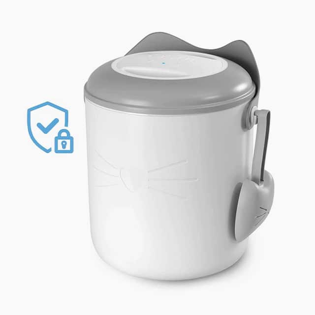 Catit PIXI vacuum container for cat food with a scoop attached to the side and a security icon overlay