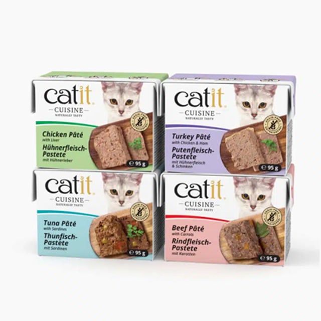 Four packages of Catit Cuisine pâté cat food in chicken, turkey, tuna, and beef flavors