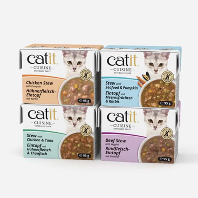 Four packages of Catit Cuisine grain-free cat stew in chicken, seafood, chicken and tuna, and beef flavors