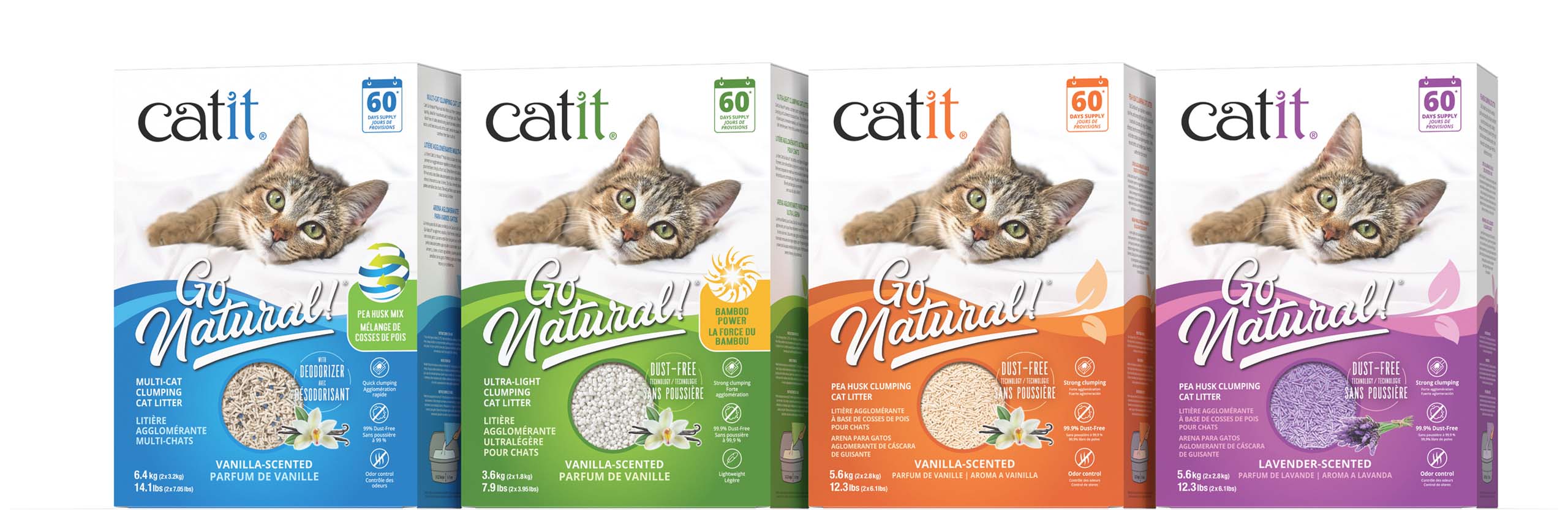 Four packages of Catit Go Natural cat litter in different varieties and weights