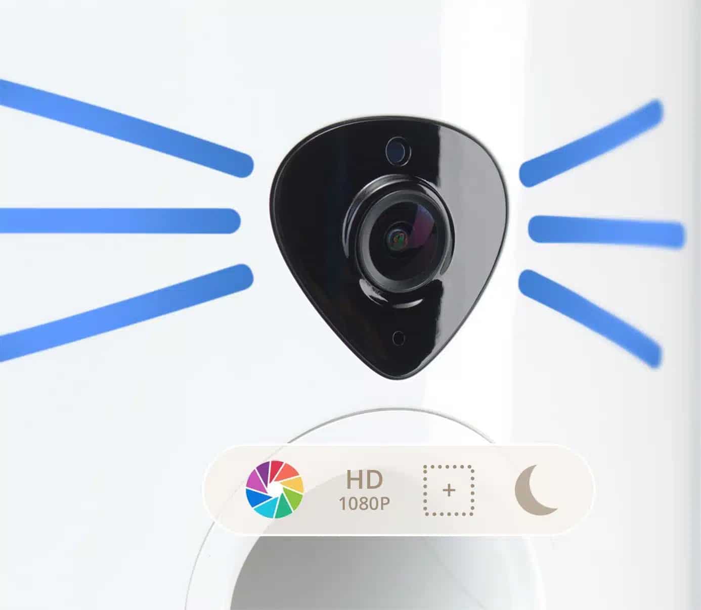 Close-up of a PIXI Smart Vision feeder camera with icons indicating 1080p HD video, motion detection, and night vision
