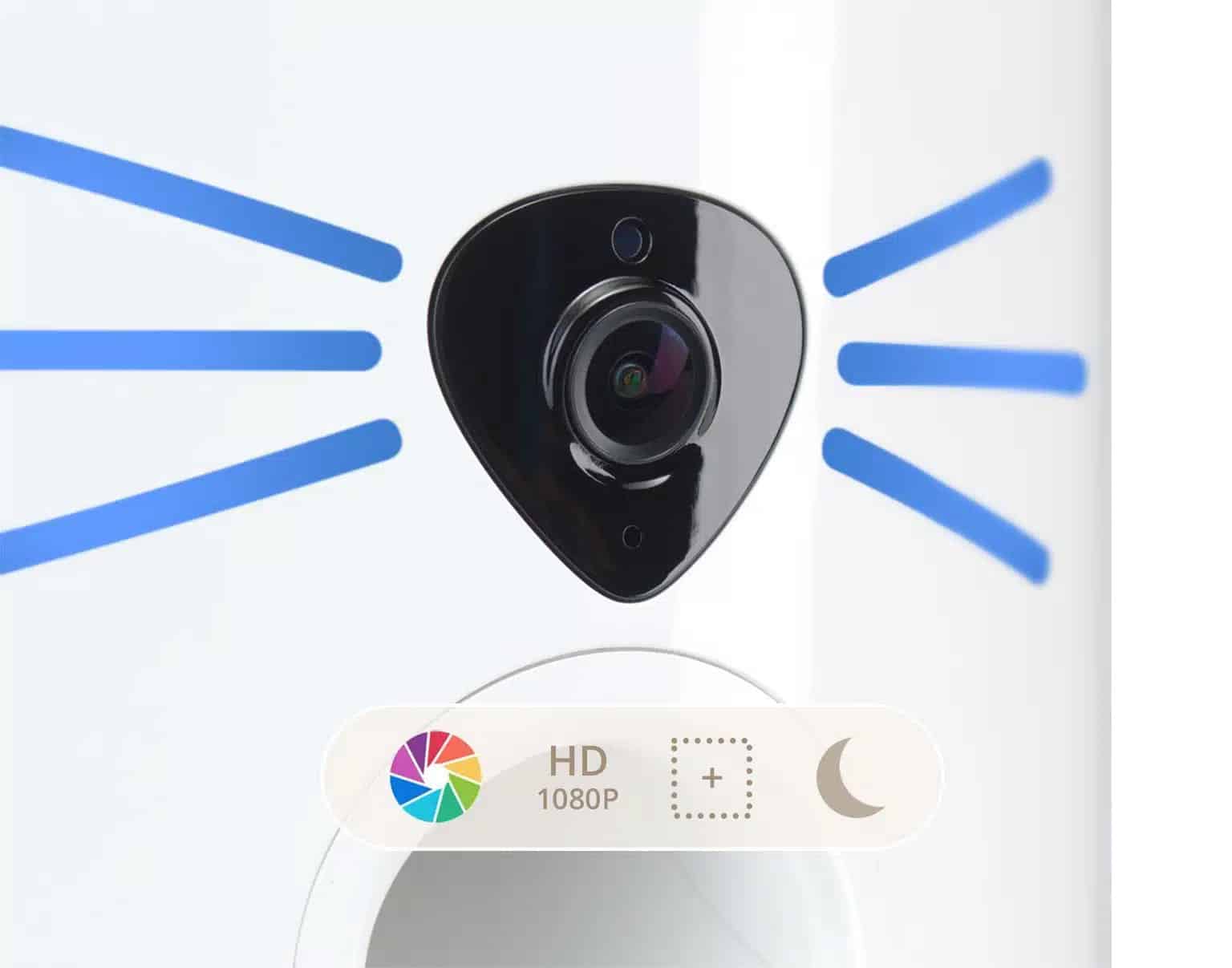 Close-up of a PIXI Smart Vision feeder camera lens with icons for 1080p HD video, motion detection, and night vision