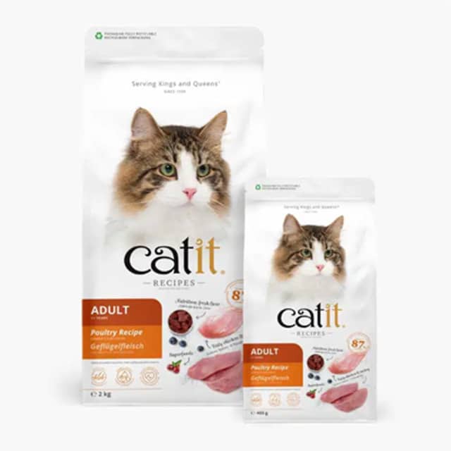 Two bags of Catit Adult Poultry Recipe cat food in 2kg and 400g sizes
