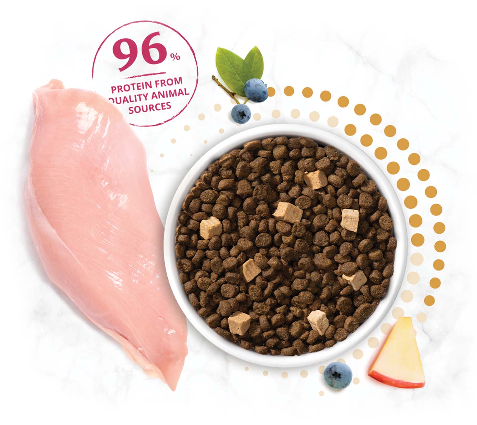 A bowl of dry cat food with chicken, blueberries, and apple slices, highlighting 96% protein from animal sources