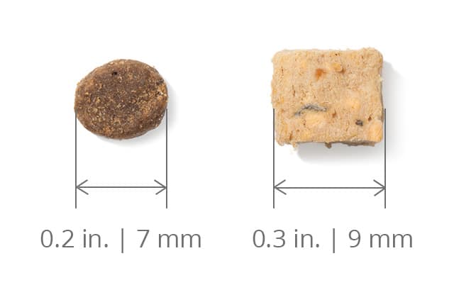 Comparison of two different kibble sizes for cat food, measuring 7 mm and 9 mm in diameter