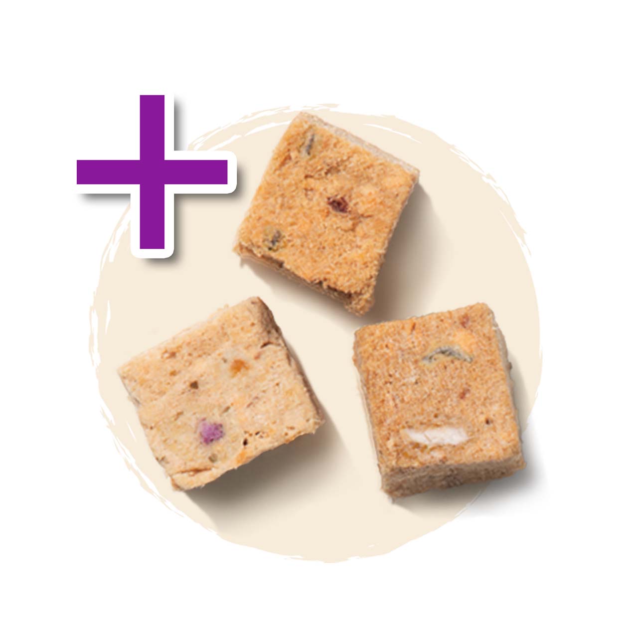 Three square, textured cat treats arranged on a light-colored circular background with a purple plus sign