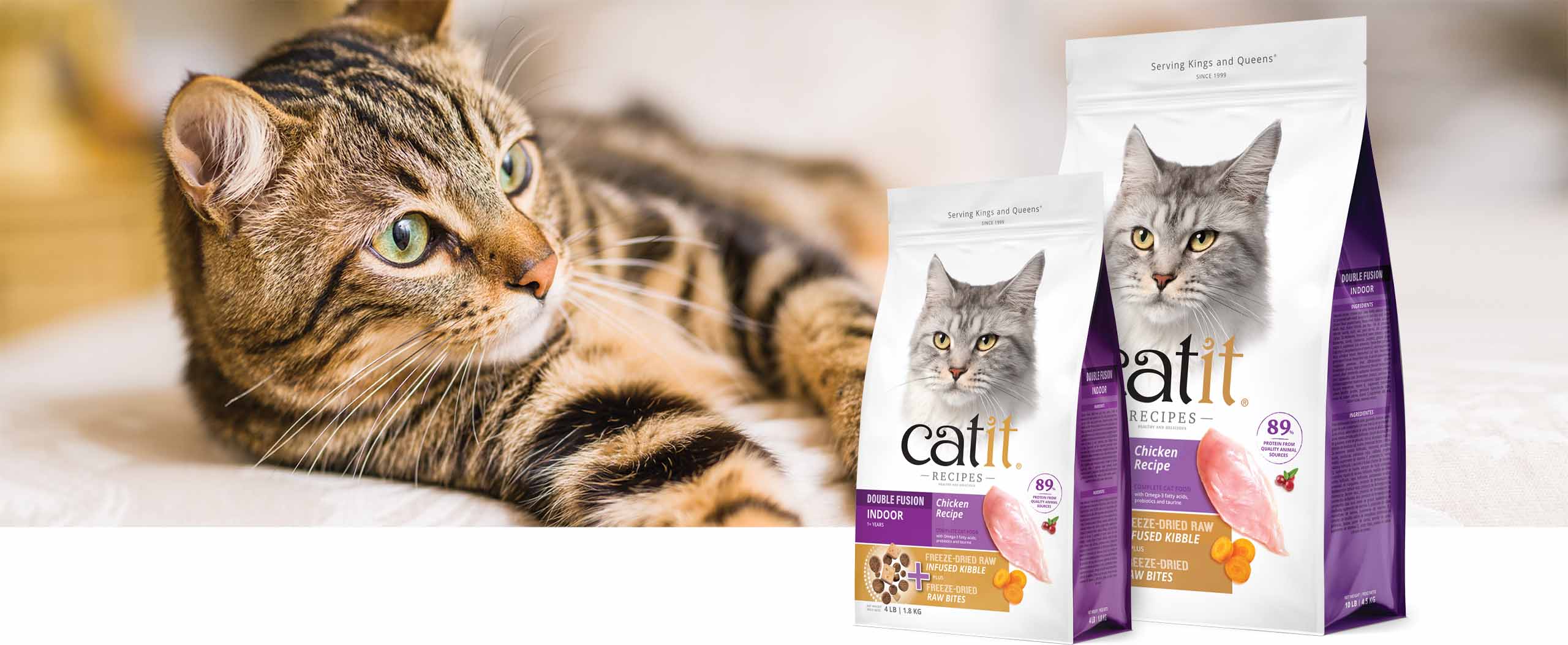 A tabby cat lying next to two bags of Catit Chicken Recipe indoor cat food packaging