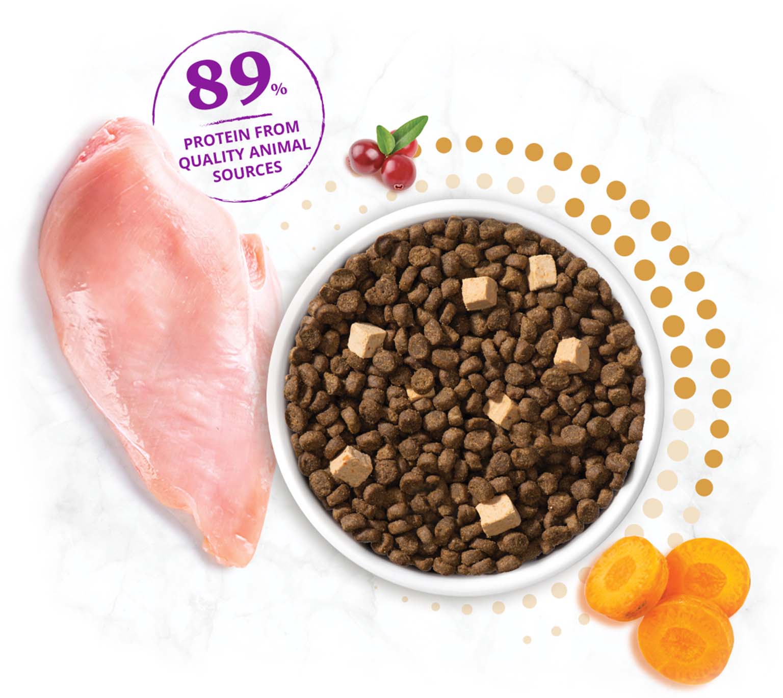 Cat food bowl with kibble, chicken, cranberries, and carrots, highlighting 89% protein from quality animal sources
