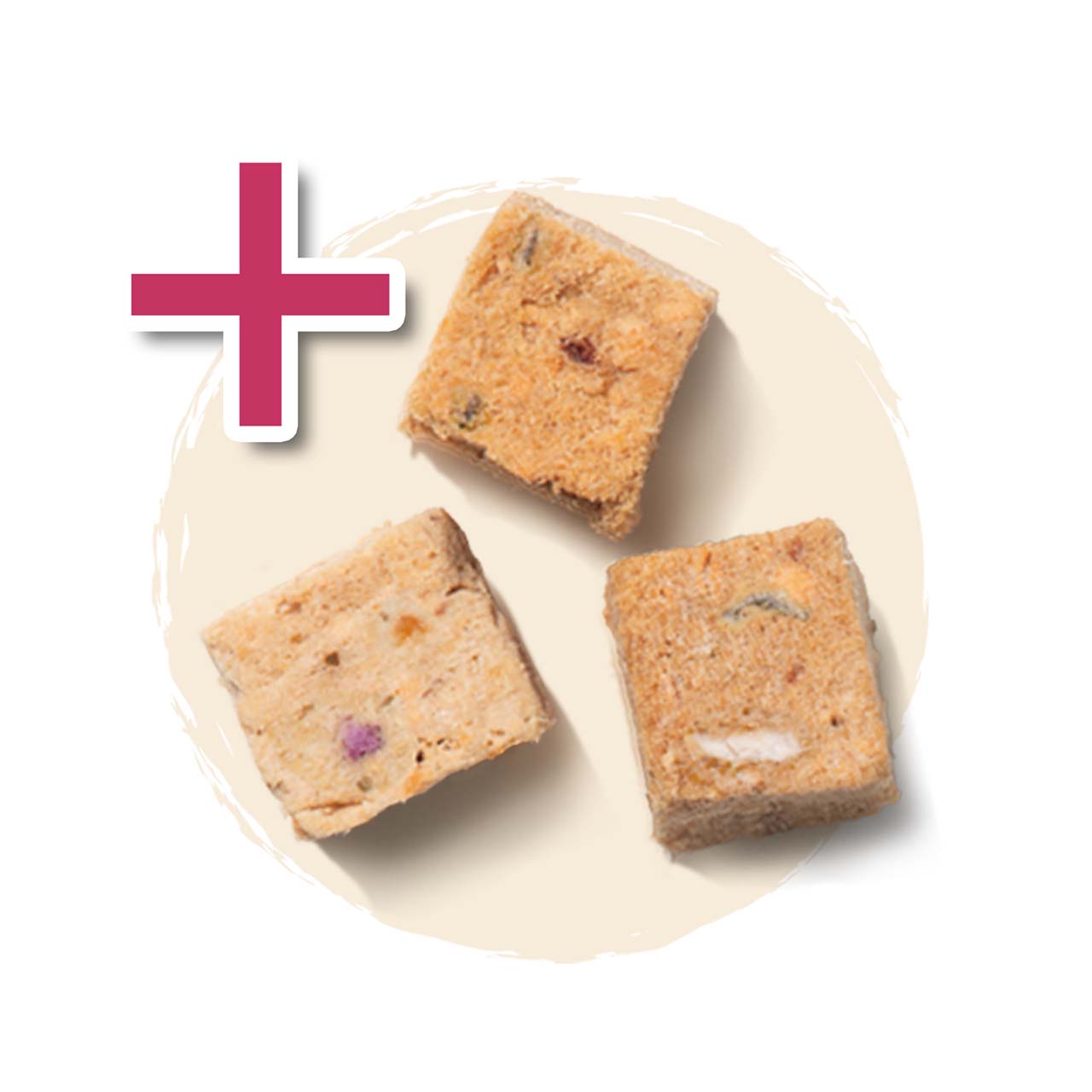 Three square, textured cat treat bites arranged on a light-colored circular background with a plus sign icon