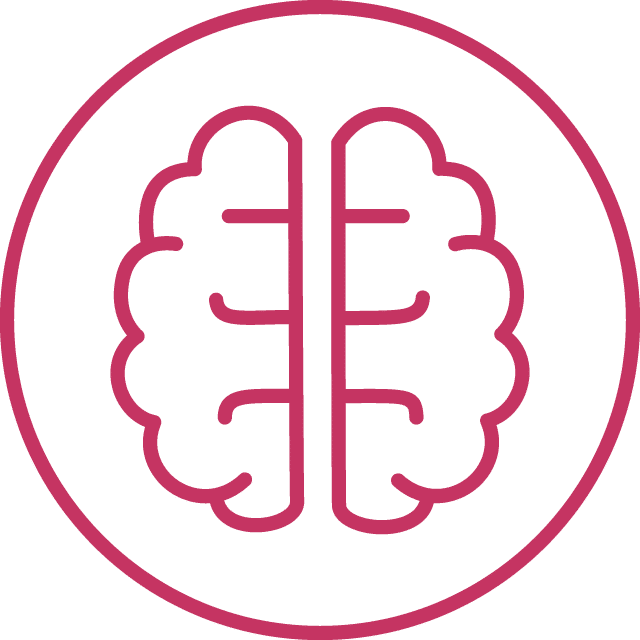 Pink outline icon of a human brain inside a circle