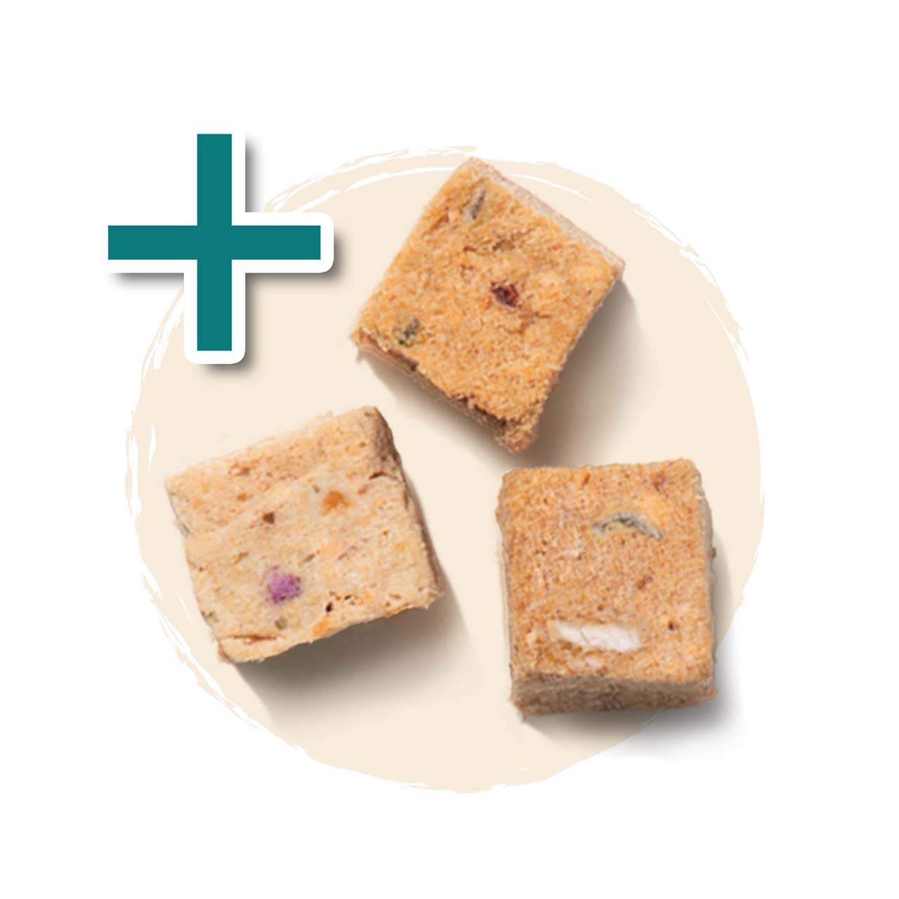 Three square, textured cat treat bites arranged on a light-colored circular background with a plus sign icon