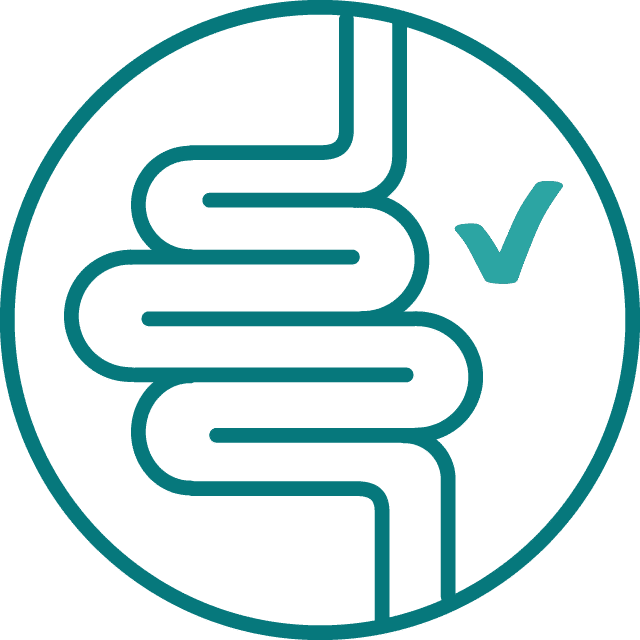 Icon of a healthy digestive tract with a checkmark, representing digestive health