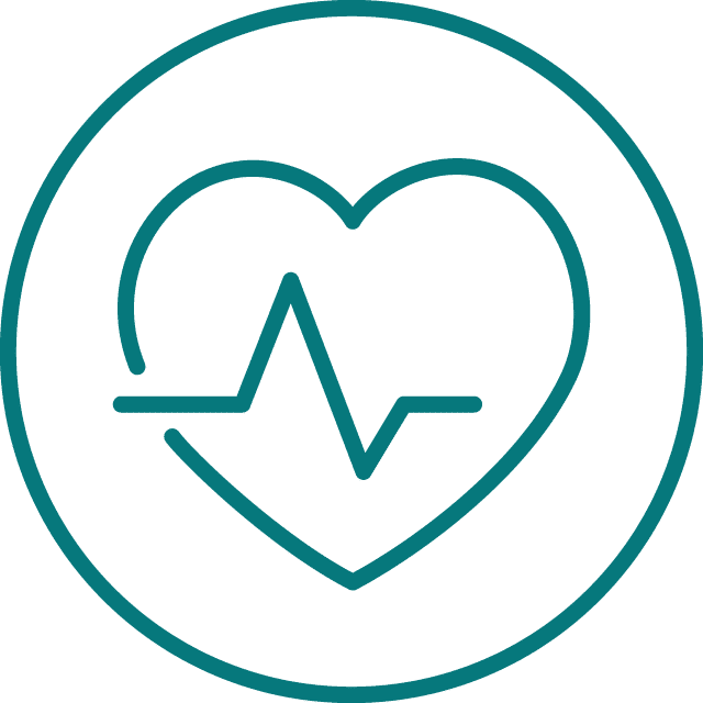 Teal icon of a heart with a heartbeat pulse line inside a circle